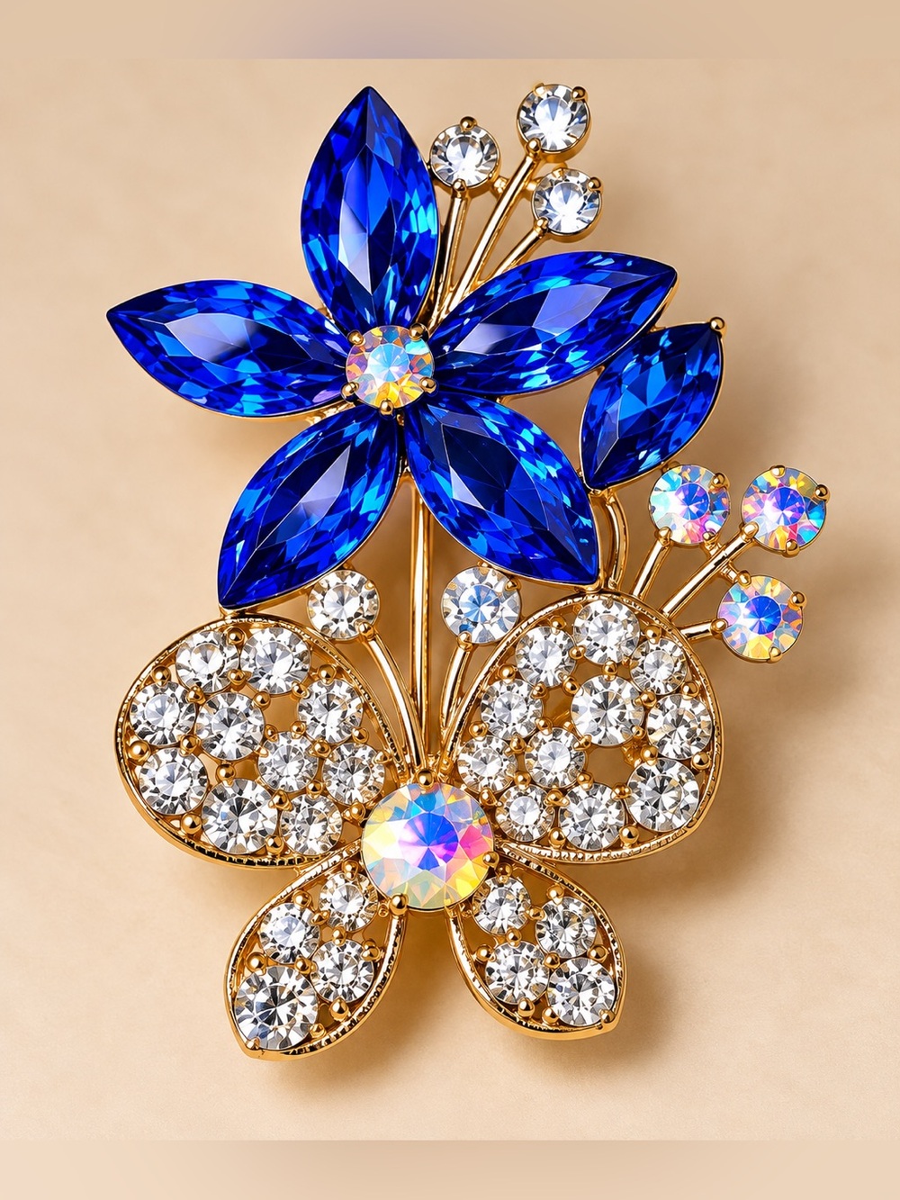 Gold Floral Brooch with Royal Blue and Clear Crystals